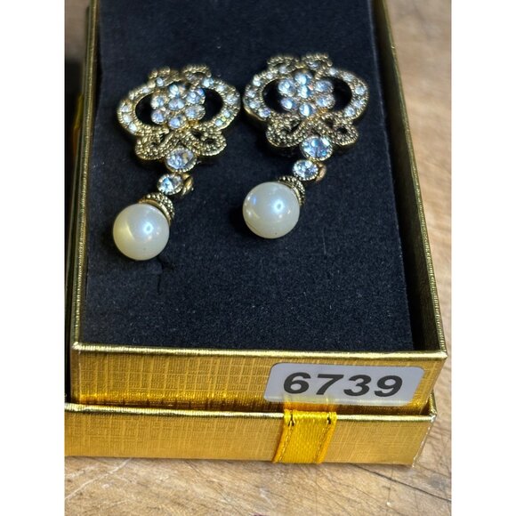 Gold Tone Crystal Pearl Dangle Earrings - Picture 3 of 7